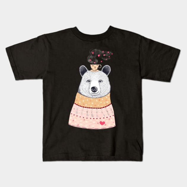 Bear with coffee on black Kids T-Shirt by kodamorkovkart